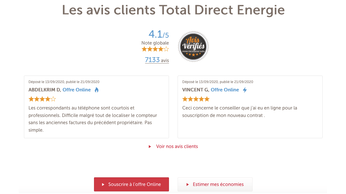 Énergie pas chère avis clients Total Direct Énergie