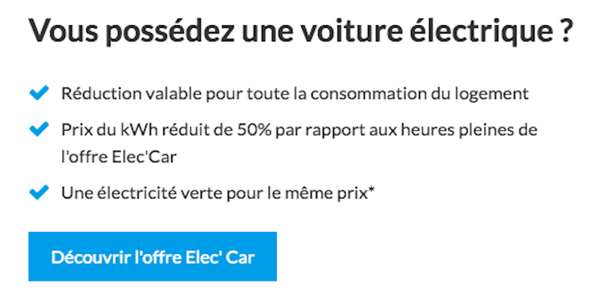 Engie Elec'Car électricité verte pour voitures électriques 50% la nuit Engie Elec'Car électricité voitures électriques 50%