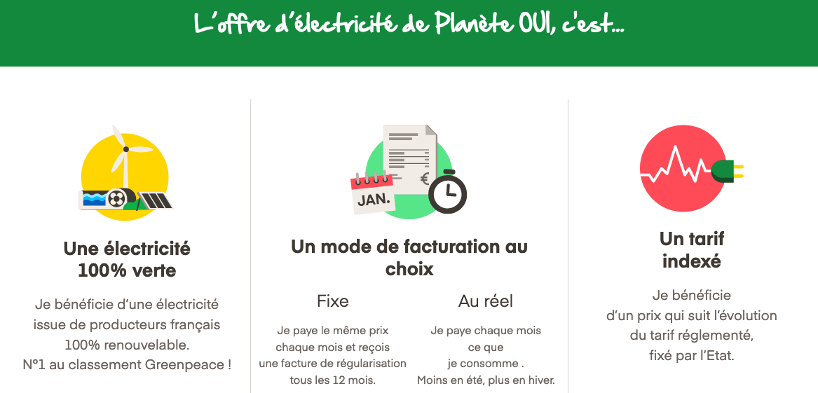 Le contrat d'électricité 100% verte de Planète Oui L'offre électricité verte de Planète Oui