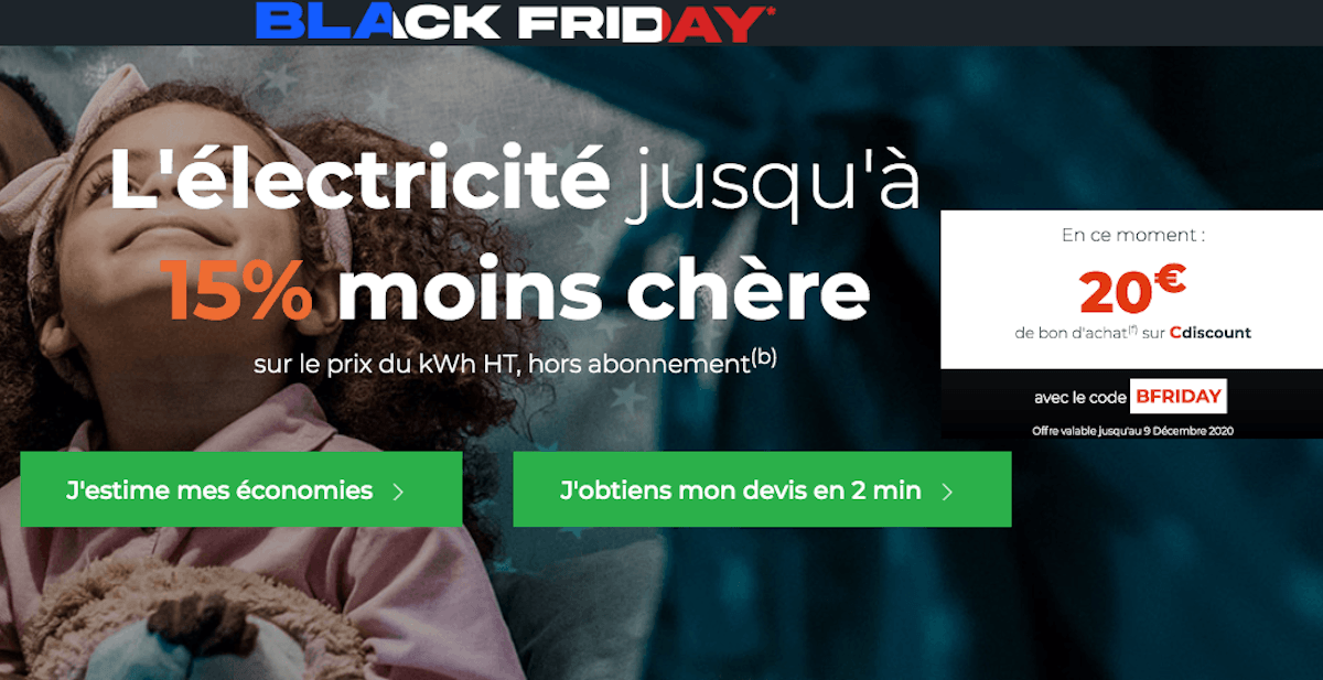 Contrat électricité Cdiscount Energie promo Black Friday 15% de réduction et 20€ offerts Contrat électricité Cdiscount Energie promo Black Friday
