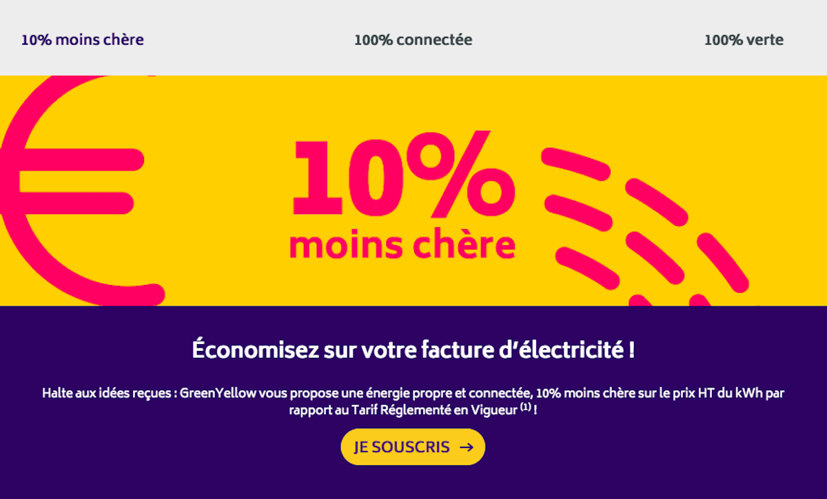 10 % de remise sur le prix HT du kWh avec GreenYellow Contrat électricité offre à petit prix GreenYellow