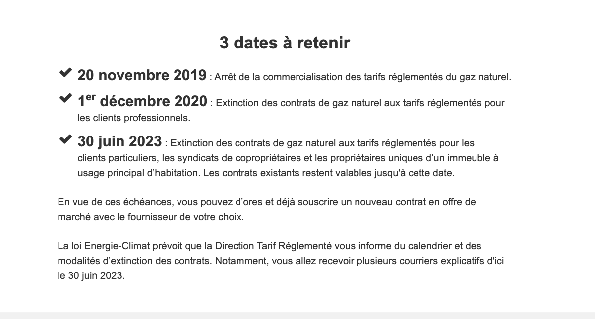 Date fin tarif réglementé gaz
