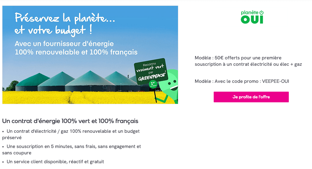 Code promo Planète Oui Code promo Planète Oui pour électricité ou gaz 100% verts