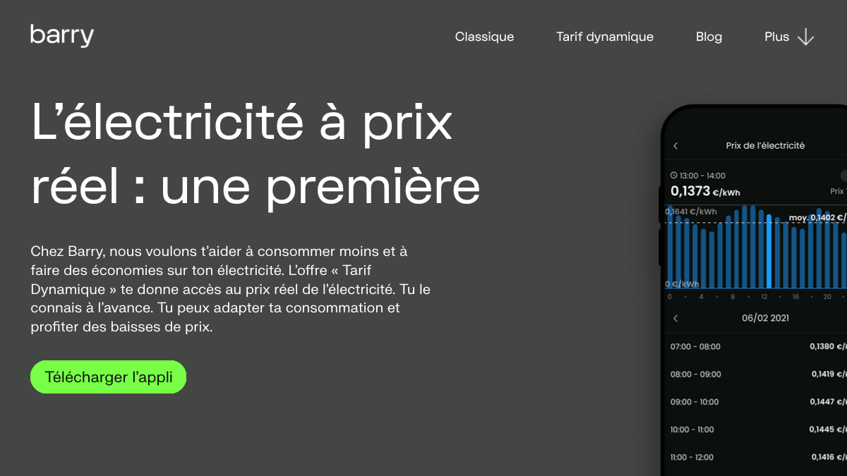 Découvrir l'électricité à prix réel avec Barry Energy. Le tarif dynamique de l'offre électricité Barry Energy