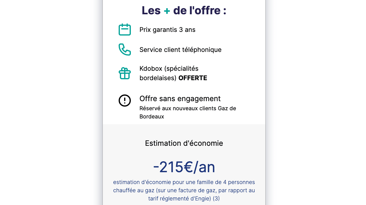 215€ d'économies Garanties contrat Gaz de Bordeaux vente privée