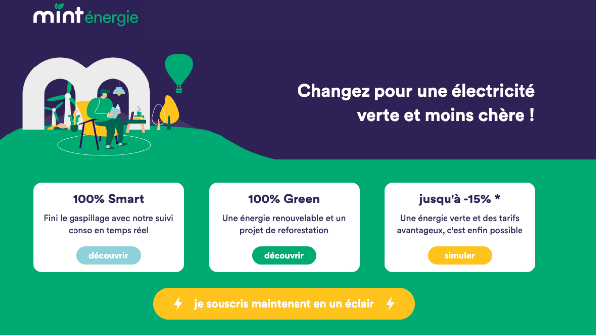 Un contrat à prix bas sans frais ni engagement Électricité verte prix bas Mint