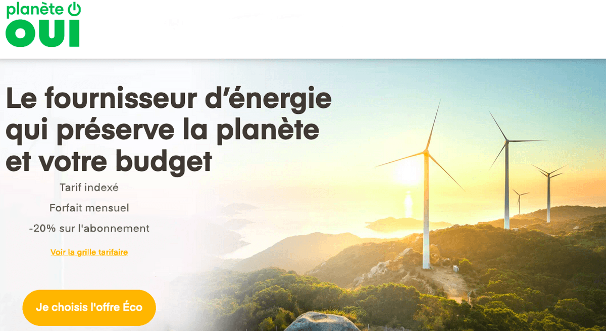 L'offre d'électricité pas chère de Planete Oui, 20% de remise sur l'abonnement pour de l'électricité verte L'offre d'électricité pas chère de Planete Oui