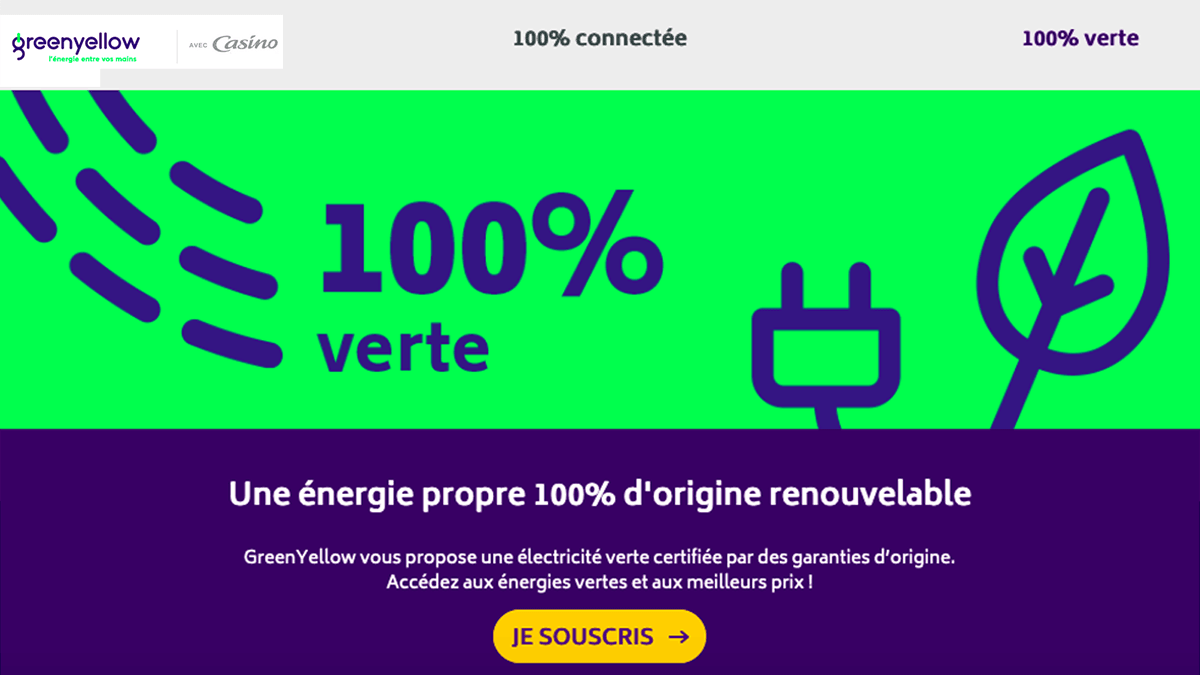Le fournisseur d'électricité verte GreenYellow, 100% vert et connecté et 10% de remise sur le prix du kWh HT sans engagement Le fournisseur d'électricité verte GreenYellow, 100% vert et connecté