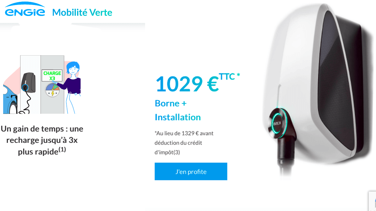 La borne de recharge d'Engie pour son contrat voiture électrique Elec'Car qui propose 50% de réduction La borne de recharge d'Engie pour son contrat voiture électrique