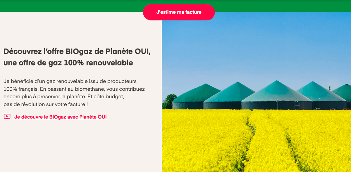 L'offre duale de Planète Oui, du Biogaz avec de l'électricité verte