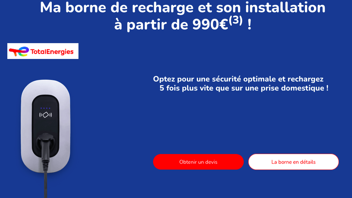 La borne de rechargement de voiture électrique par TotalEnergies, 990€ après déduction des aides. Recharger sa voiture 5 fois plus vite avec la borne TotalEnergies La borne de rechargement de voiture électrique par TotalEnergies
